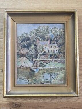 Antique Original English Oil Painting Whimsical Folk Art Cottage Ferry Boat Gold